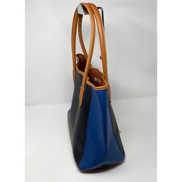 Neiman Marcus Blue Black Tan Faux Leather Colorblock Stripe Tote Bag Purse - Picture 3 of 13